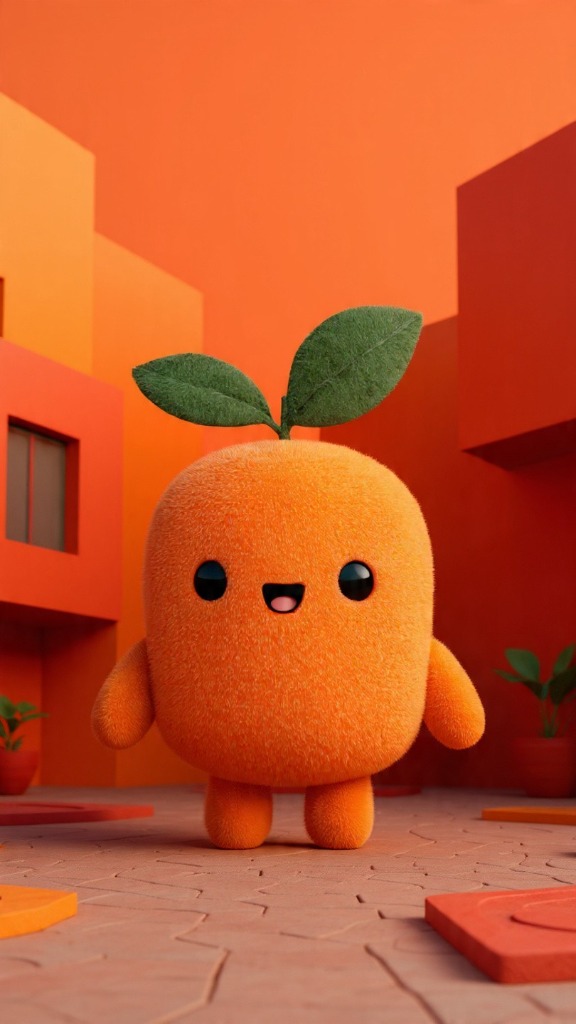 Chitty the mascot standing in a warm, orange-themed architectural space